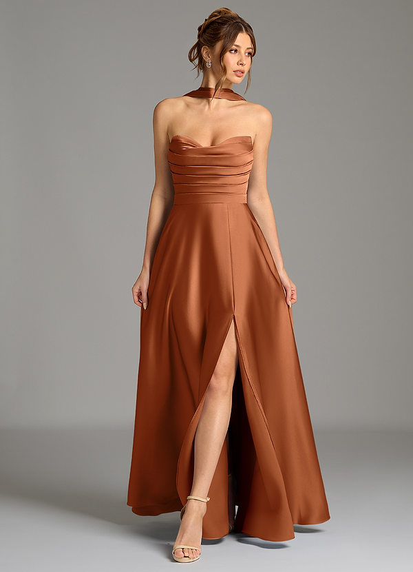 Azazie Ayla Vestidos Dama de Honor Vestido de Cobre de Satén Elástico de Corte en A con Corsé image1