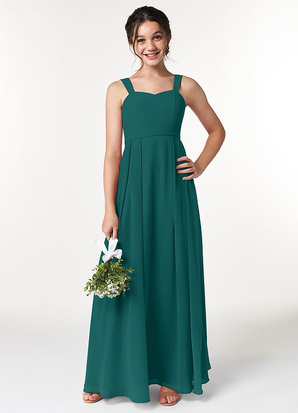 Azazie Simoan Junior Abito A-Line in Chiffon Scollo a Cuore Verde Pavone image1