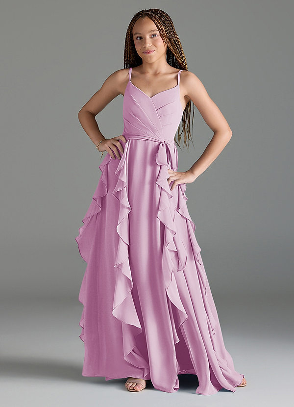 Azazie Peyton Junior Vestido de Rosa Caramelo de Gasa de Corte En A con Volantes en cascada Cuello en V image1
