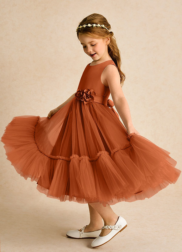Azazie Miracle Flower Girl Dresses Burnt Orange A-Line Bow Matte Satin Dress image1