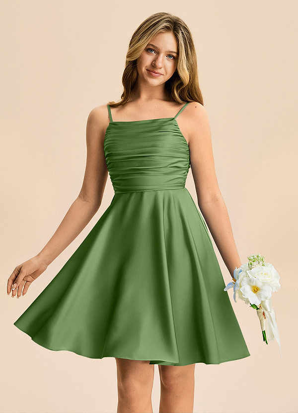Azazie Miko Junior Basil A-Line Pleated Stretch Satin Dress image1