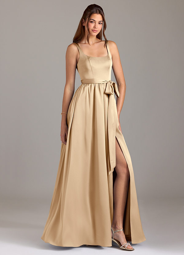 Azazie Elliott Bridesmaid Dresses Champagne A-Line with Pockets Stretch Satin Dress image1