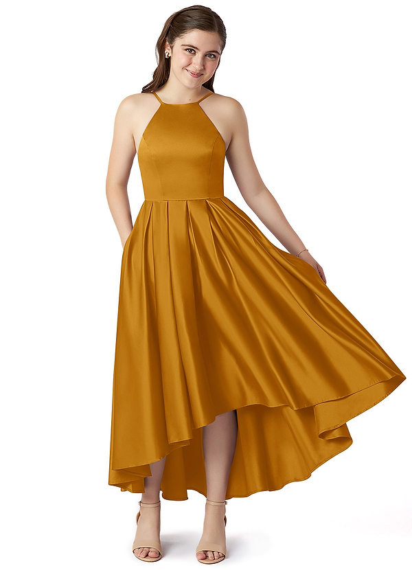 Azazie Jemima Junior Butterscotch A-Line with Pockets Stretch Satin Dress image1