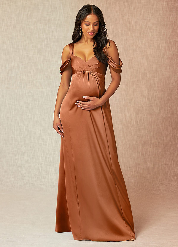 Azazie Rhea Abiti da damigella premaman Abito A-Line Plissettato a Spalla Scoperta Raso Elasticizzato Floor-Length image1