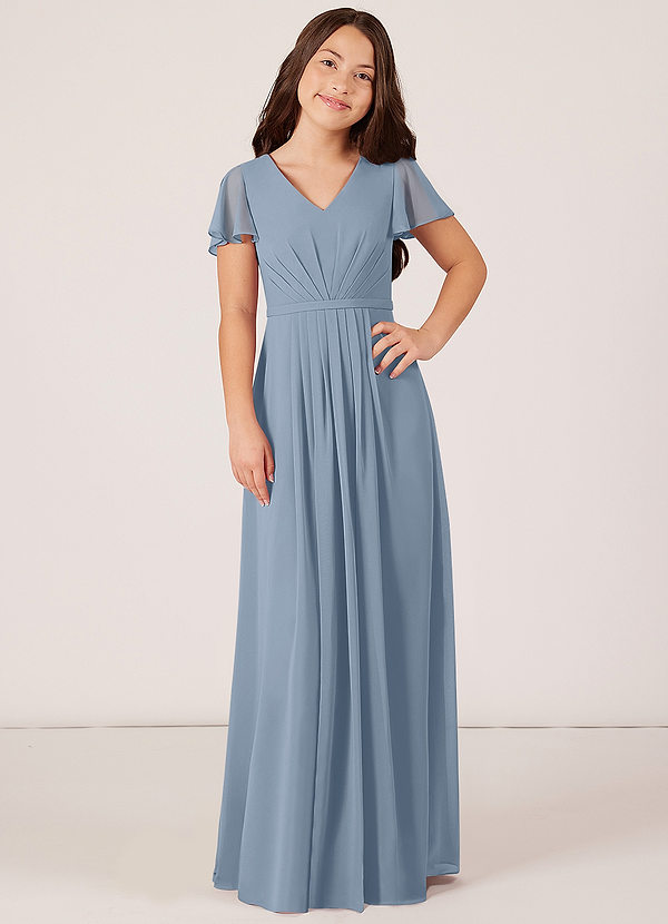 Azazie Peony Junior Dusty Blue A-Line Pleated Chiffon Dress image1