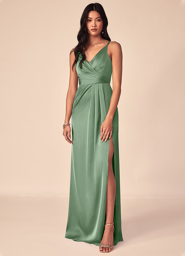 Azazie Aqua Bruidsmeisjes Jurken Jurk van Stretch Satijn met A-Lijn V-hals geplooid Matcha image1