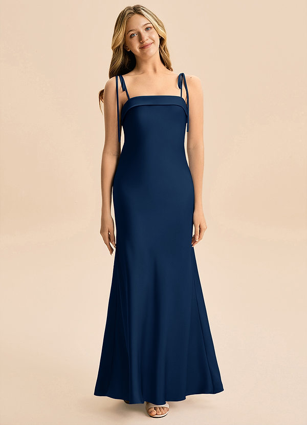 Azazie Willa Junior Robe Sirène en Satin extensible Nœud Bleu Marine Foncé image1