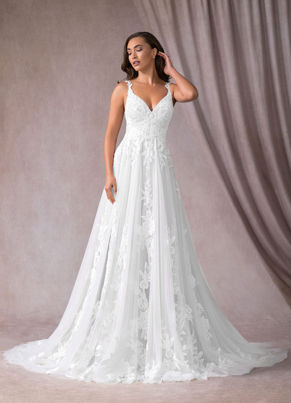 Azazie Delaina Wedding Dresses Diamond White A-Line V-Neck Sequins Tulle Dress image1