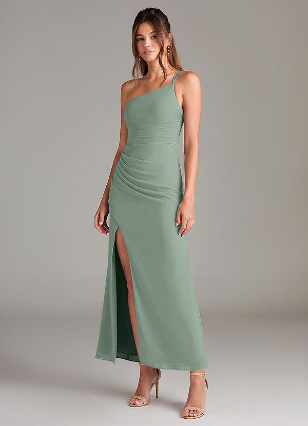 Azazie Eren Robes Demoiselle d'honneur Robe Sirène en Mousseline de soie Une épaule Sauge D'argent image1