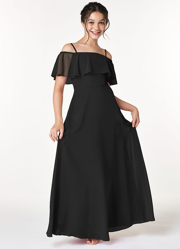 Azazie Maggie Junior Black A-Line Off the Shoulder Chiffon Dress image1