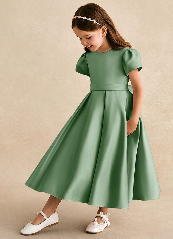 Azazie Princess Flower Girl Dresses Vestir Matchá de Cetim fosco de Linha A com Plissado image1