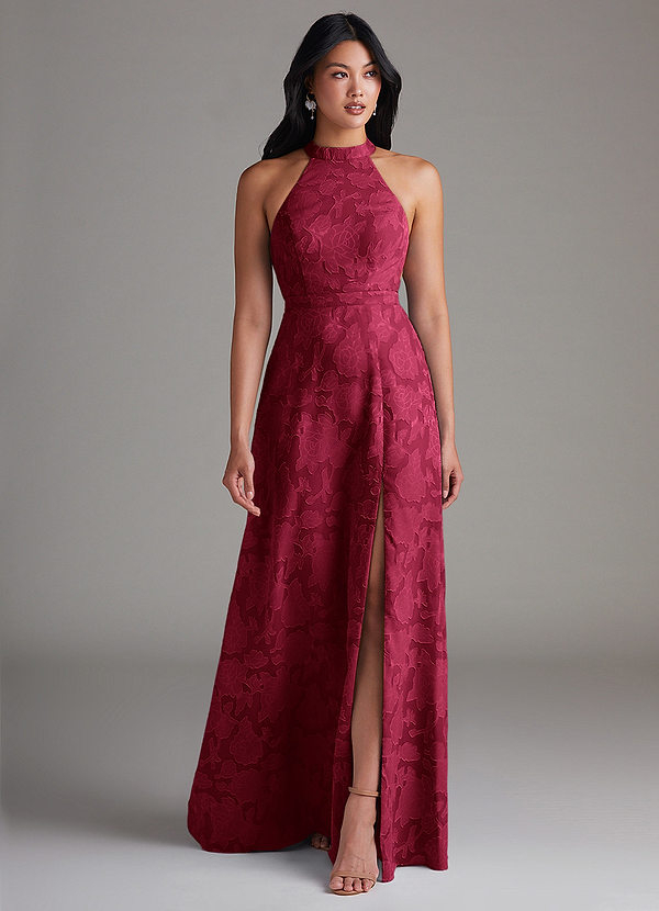 Azazie Clarice Abiti da Damigella Abito A-Line in Burnout Floreale Spacco Laterale Borgogna image1