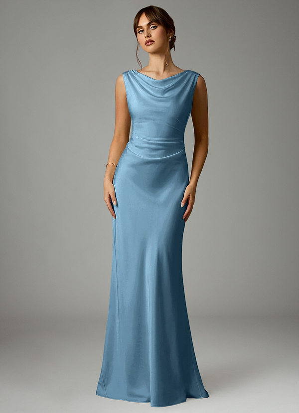 Azazie Kieryn Bridesmaid Dresses Steel Blue Mermaid Pleated Stretch Satin Dress image1