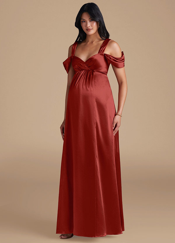 Azazie Rhea Maternity Bridesmaid Dresses A-Line Pleated Metallic Satin Floor-Length Dress image1