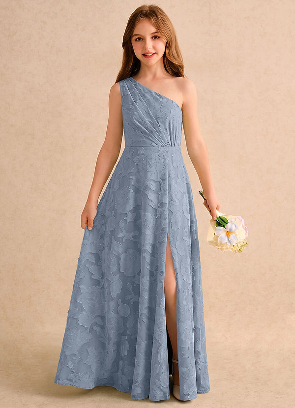 Azazie Pudles Girls Formal Robes de cortège enfant Robe Trapèze en Blumen-Burnout Asymétrique Bleu Poussiéreux image1