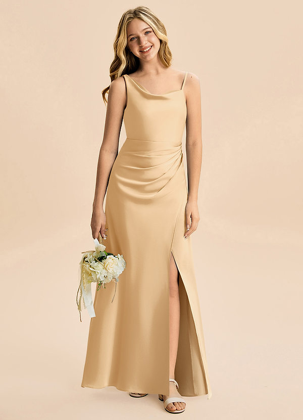 Azazie Abby Junior Robe Trapèze en Satin extensible Plissée Or image1