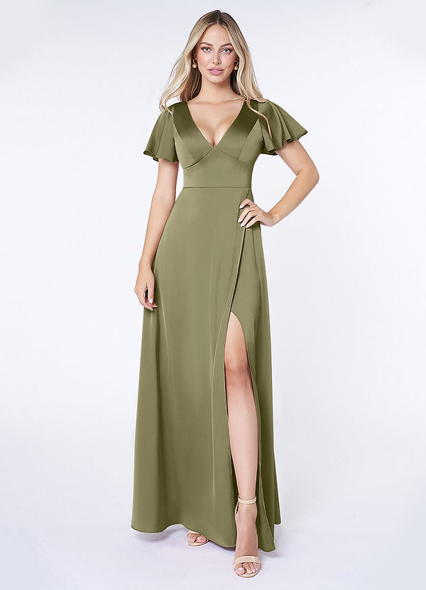 Azazie Lani Bridesmaid Dresses Pistachio A-Line Flounce Sleeve Stretch Satin Dress image1