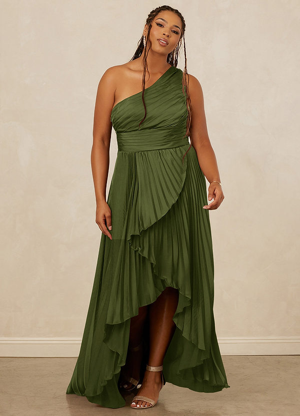 Christian Siriano Bridal for Azazie 1008 Robes Demoiselle d'honneur Robe Trapèze en Satin extensible Ue épaule Olive image1