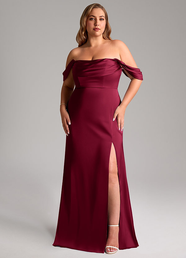Azazie Saige Bridesmaid Dresses Burgundy Sheath Off the Shoulder Stretch Satin Dress image1