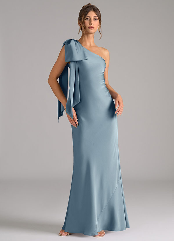 Azazie Capri Robes Demoiselle d'honneur Robe Sirène en Satin extensible Ue épaule Bleu Poussiéreux image1