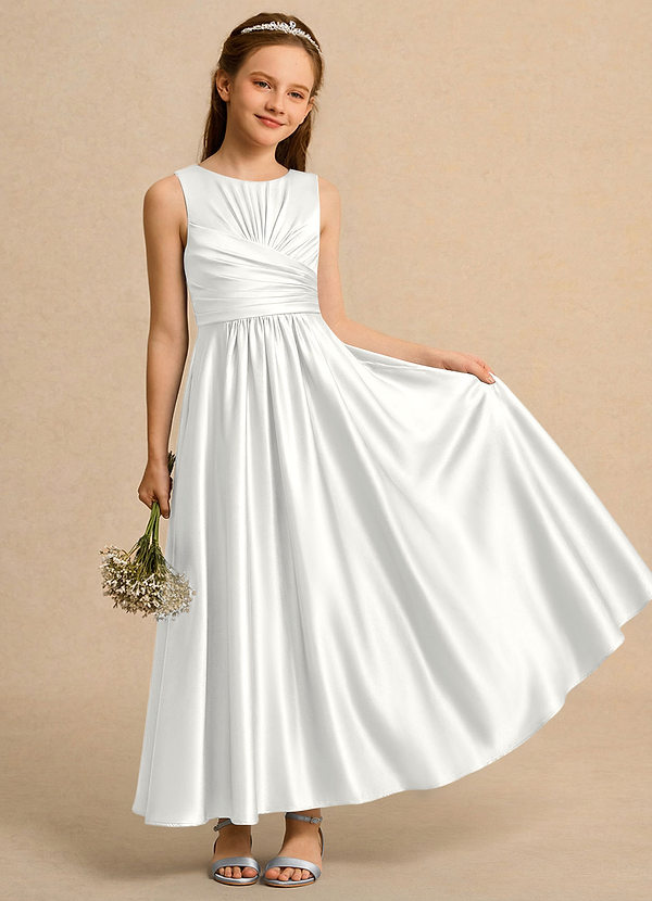 Azazie Ducky Girls Formal Sukienki dla dziewczynek sypiących kwiaty Linia A Pofałdowany Satyna elastyczna Długość kostki Sukienka image1