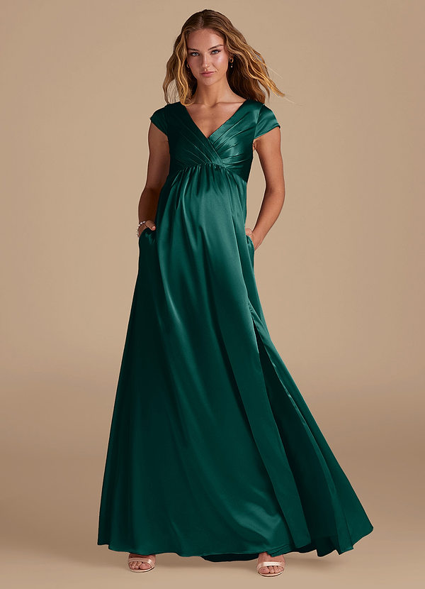 Azazie Allessia Maternity Bridesmaid Dresses A-Line Metallic Satin Floor-Length Dress image1