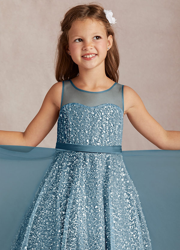 Azazie Siwa Abiti da Ragazza di Fiori Abito A-Line in Tulle Perline Bermuda image1