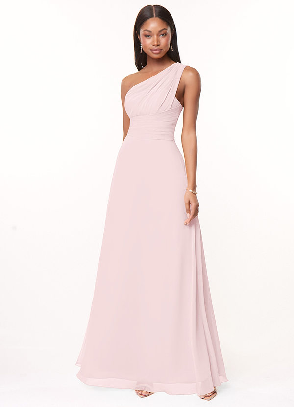 Azazie Ashley Bridesmaid Dresses Blushing Pink A-Line Ruched Chiffon Dress image1
