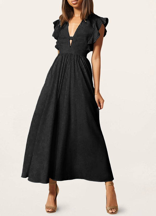 back Robe Noir Longueur Midi en Satin à Manches Flottantes