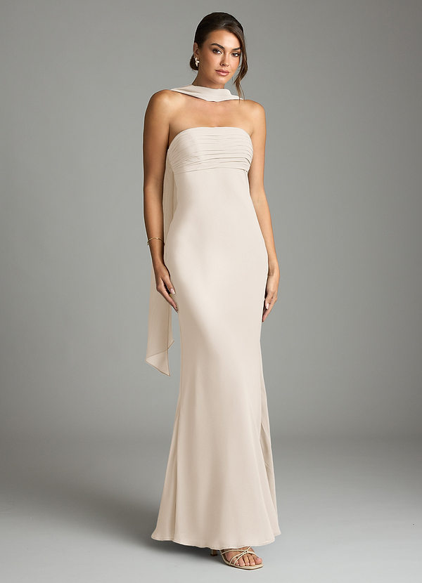 Azazie Saylor Vestidos de dama de honor Vestido Alabastro Blanco de Gasa de Corte Sirena con Palabra de honor image1
