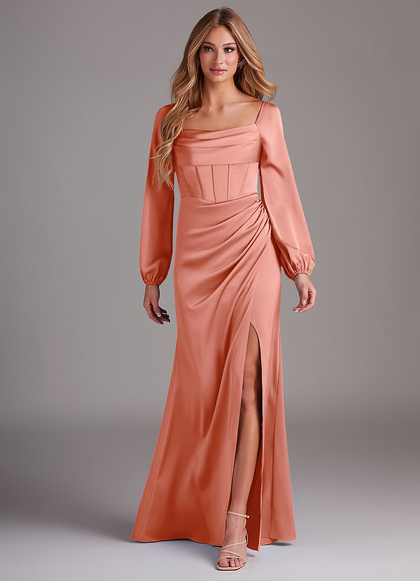 Azazie Charissa Bridesmaid Dresses Coral Sheath Long Sleeve Stretch Satin Dress image1