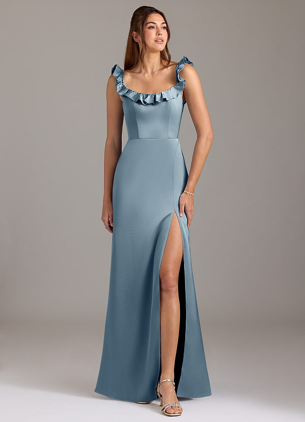 Azazie Callie Bridesmaid Dresses Dusty Blue A-Line Ruched Stretch Satin Convertible Dress image1