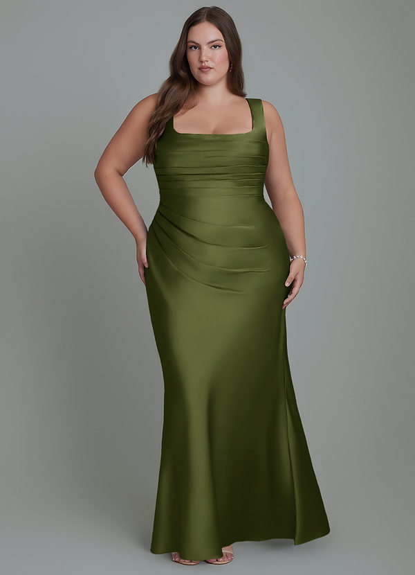 Azazie Agustina Bridesmaid Dresses Olive Mermaid Corset Stretch Satin Dress image1