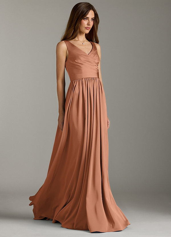 Azazie Keyla Robes Demoiselle d'honneur Robe Trapèze en Satin extensible Plissée Bronze image1