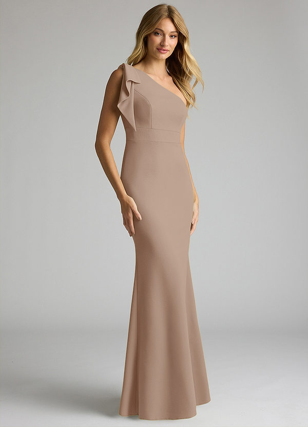 Azazie Rinna Bridesmaid Dresses Taupe Mermaid One Shoulder Stretch Crepe Dress image1