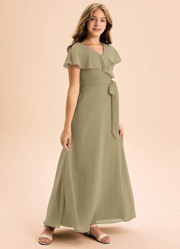 Azazie Lainey Junior Abito A-Line in Chiffon Con Tasche Verde Muschio image1