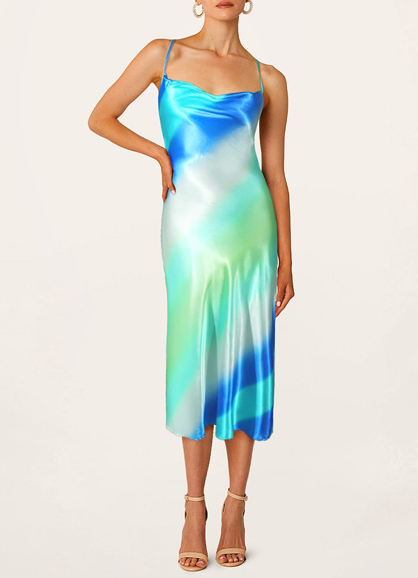 front Del Mar Green Abstract Print Cowl Neck Midi Dress