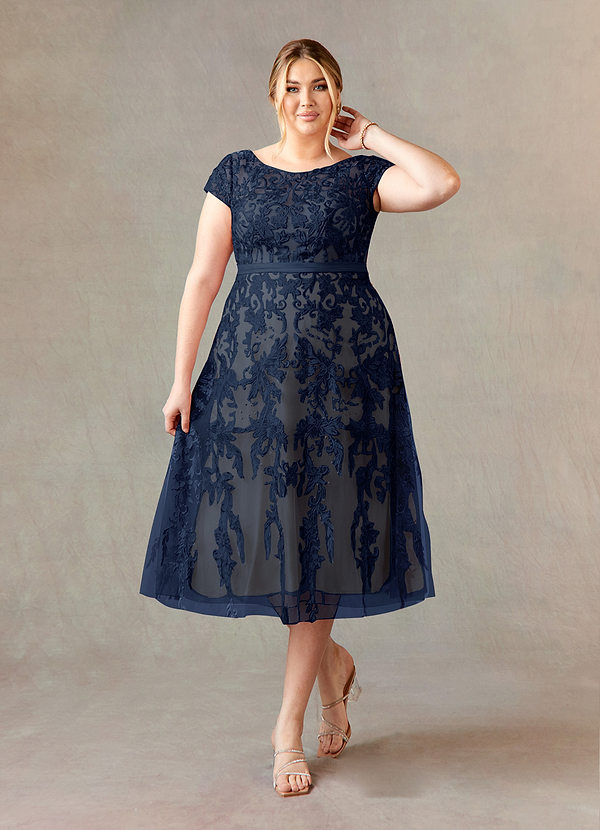 Azazie Sanna Mother of the Brides Dresses Dark Navy Champagne A-Line Scoop Lace Tulle Dress image1