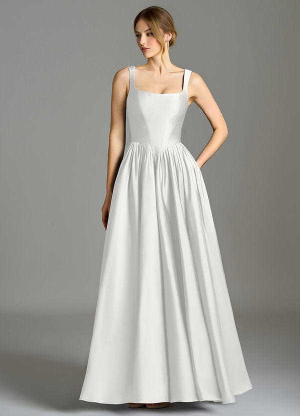 Azazie Verina Brautjungfernkleider A-Linie Plissee Stretch-Satin Kleid Weiß image1