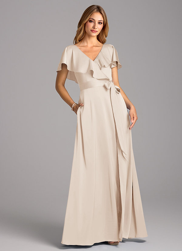 Azazie Lainey Bridesmaid Dresses White Alabaster A-Line with Pockets Stretch Satin Dress image1