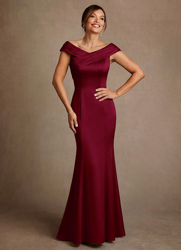 Azazie Aberdeen Vestidos de Madre de la Novia Vestido de Borgoña de Satén Elástico de Corte Recto con Plisado image1