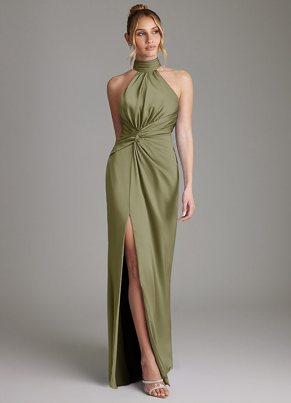 Azazie Gracelynn Bridesmaid Dresses Pistachio Sheath Pleated Stretch Satin Dress image1