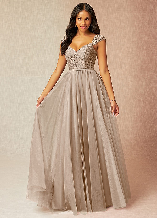 Azazie Luxi Bridesmaid Dresses Taupe A-Line Pleated Tulle Dress image1