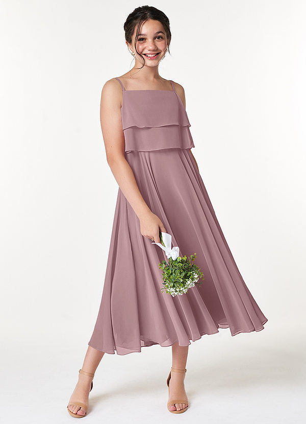 Azazie Ensley A-Line Pleated Chiffon Tea-Length Junior Bridesmaid Dress image1