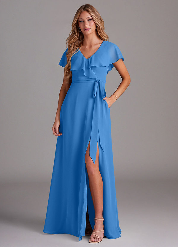Azazie Lainey Bridesmaid Dresses Blue Jay A-Line with Pockets Chiffon Dress image1