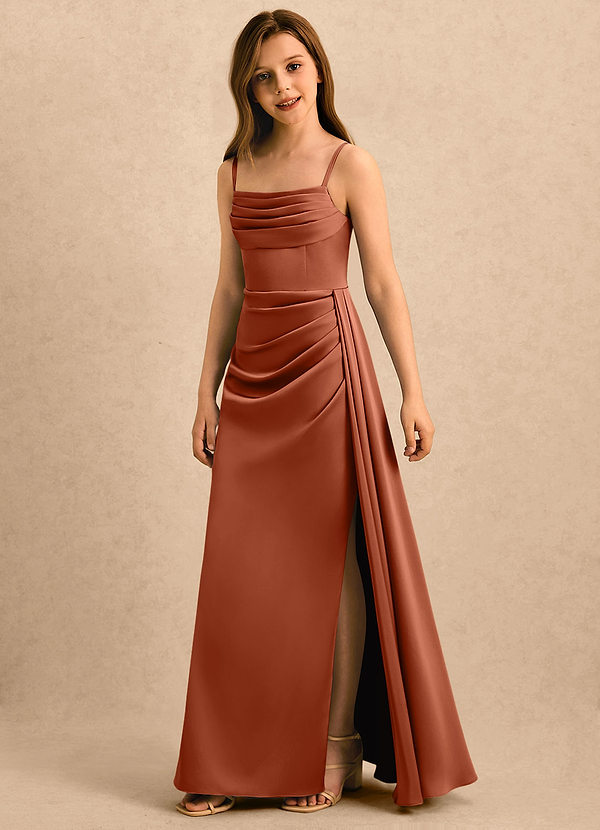 Azazie Shyla Girls Formal Sukienki dla dziewczynek sypiących kwiaty Osłona Pofałdowany Satyna elastyczna Długość podłogi Sukienka image1
