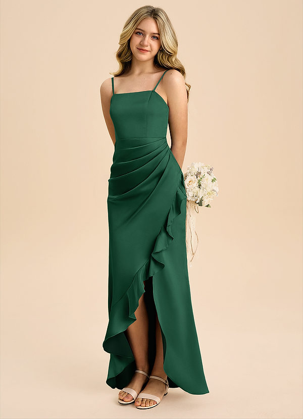 Azazie Buzzy Junior Robe Fourreau en Satin extensible Plissée Vert Foncé image1