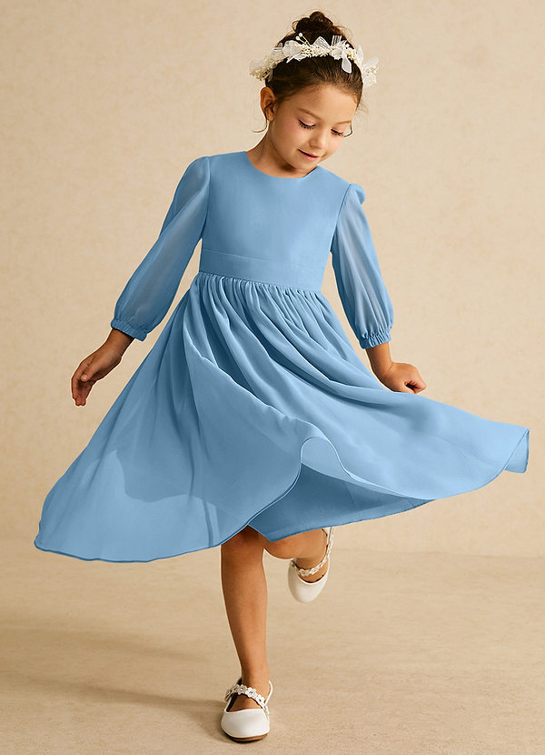Azazie Lolo Abiti da Ragazza di Fiori Abito A-Line in Chiffon Con Maniche Blu Acciaio image1