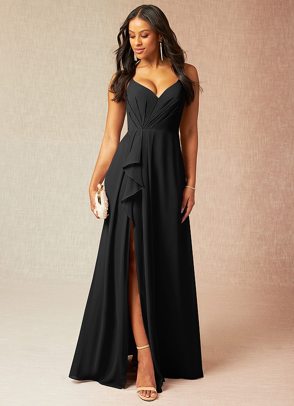 Azazie Kyedae Bridesmaid Dresses Black A-Line V-Neck Pleated Chiffon Dress image1