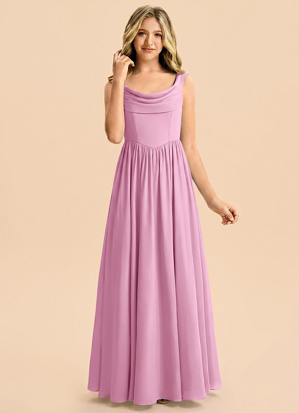 Azazie Novi Junior Vestido Rosa Caramelo de Satén Elástico de Corte en A con Plisado image1